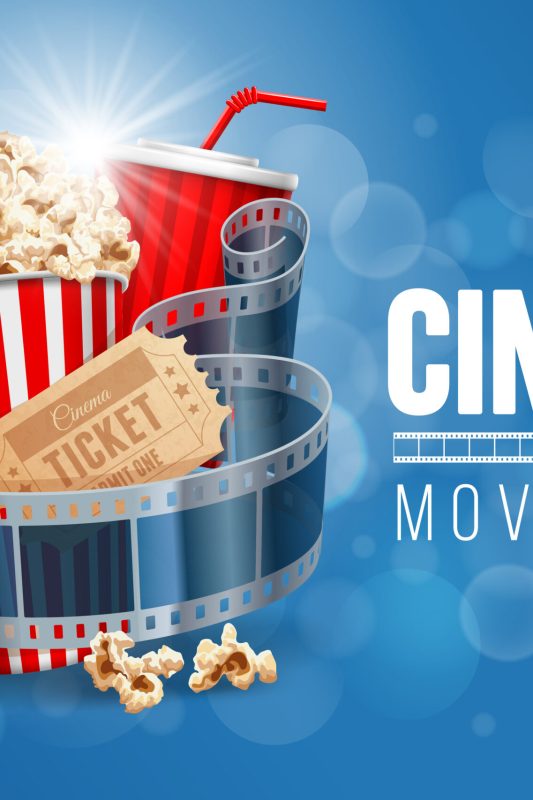 Cinematograph concept banner design template with popcorn, drink, film reel, film tape and ticket on blue bokeh background. Realistic vector illustration.